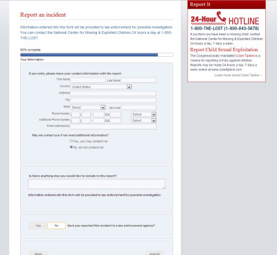 NCMEC Report an Incident Form Page 2